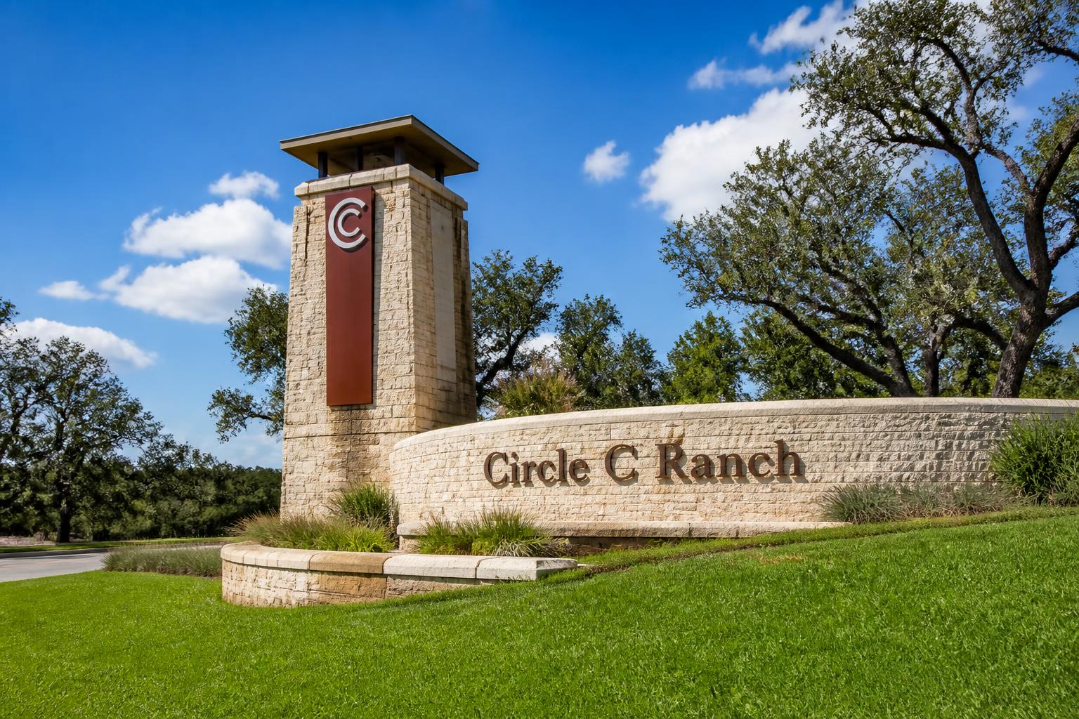 Circle C Ranch stone and metal entry monument sign in southwest Austin