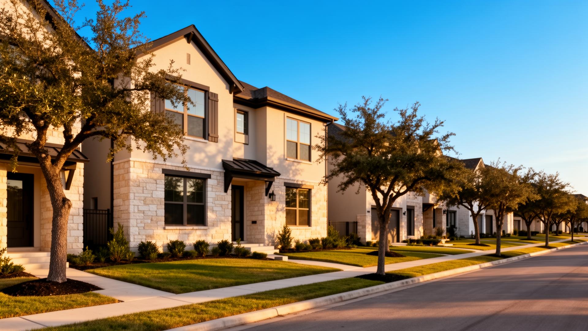 Avana at Circle C Ranch streetscape with newer Texas homes and live oaks